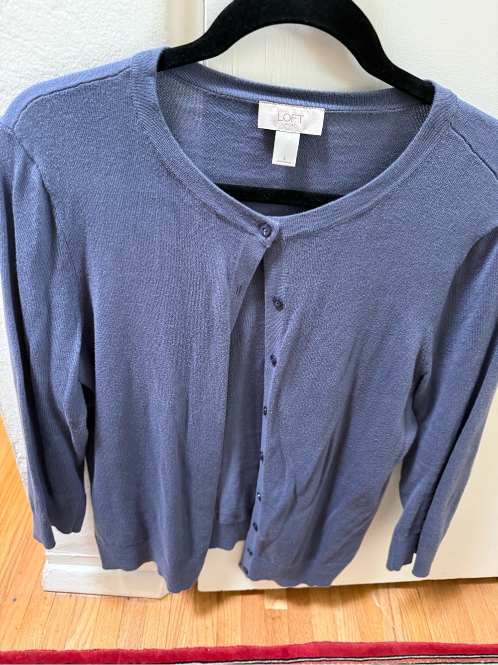 LOFT Women's Cotton Slate Blue Crewneck Button-Front Cardigan